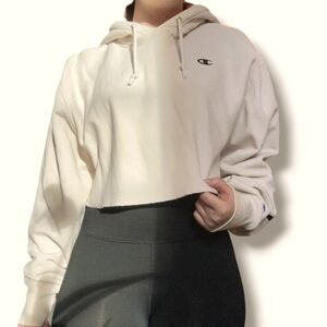 CHAMPION Women's Cream Oversized Reverse Weave Cropped Hoodie